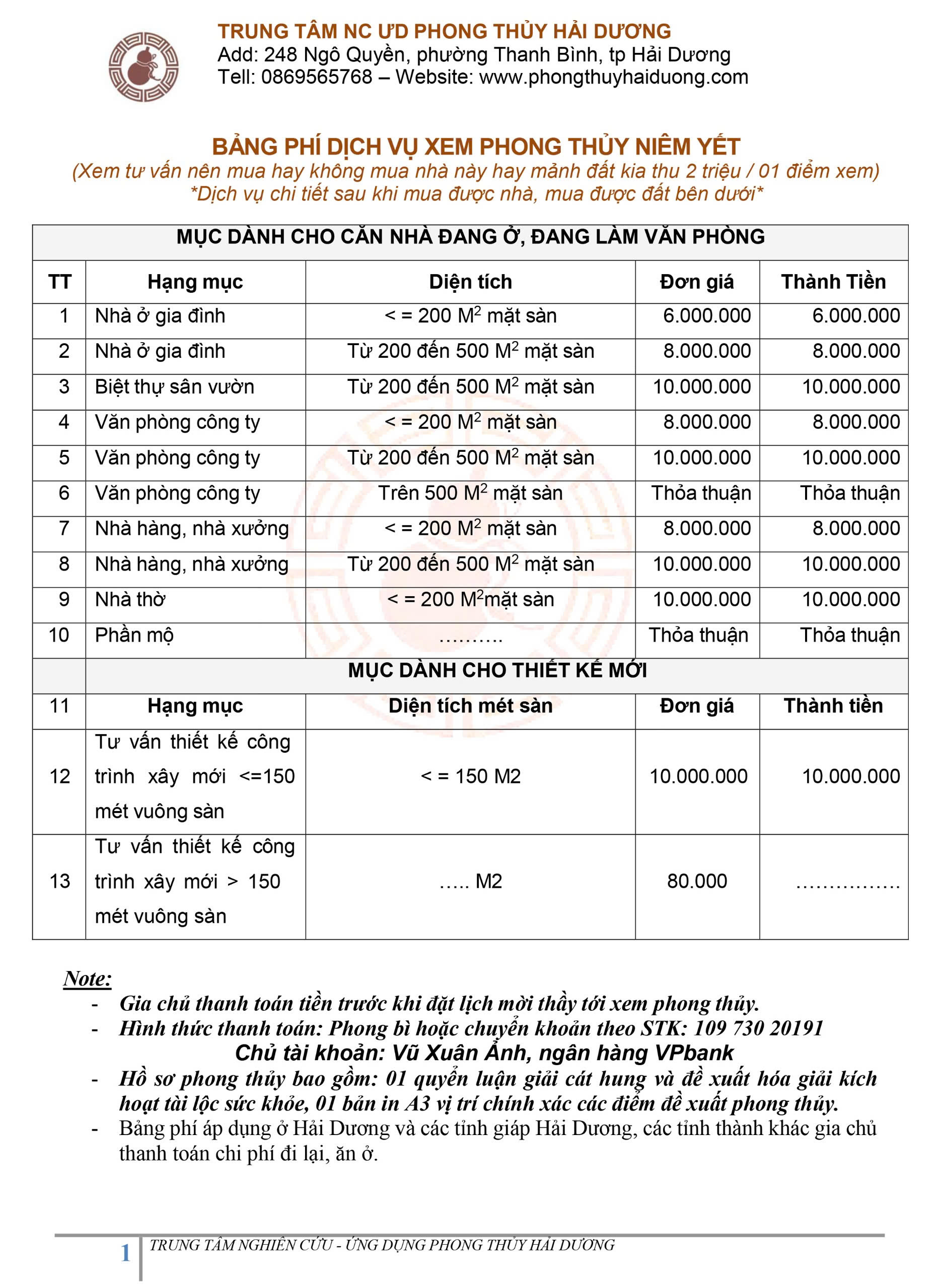 Bảng giá dịch vụ tư vấn phong thủy